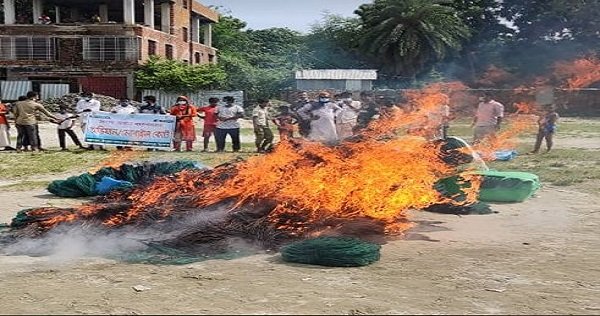 শাহজাদপুরে বিপুল পরিমাণ নিষিদ্ধ চায়না জাল পুড়িয়ে ধ্বংস