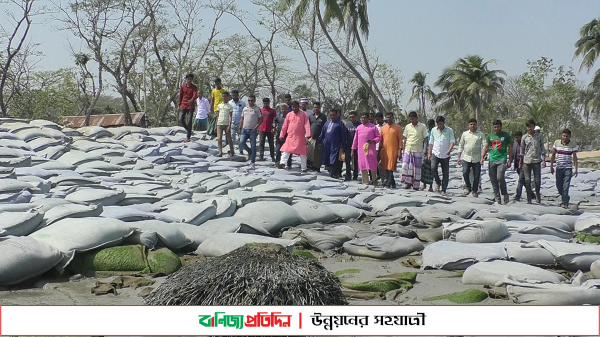 ভাঙন রোধে স্বেচ্ছাশ্রমে নদীর তীরে জিও ব্যাগ ফেলছেন স্থানীয়রা